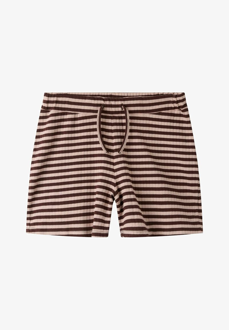 Shorts en maille côtelée à rayures horizontales marron et beige avec taille élastique et cordon central.