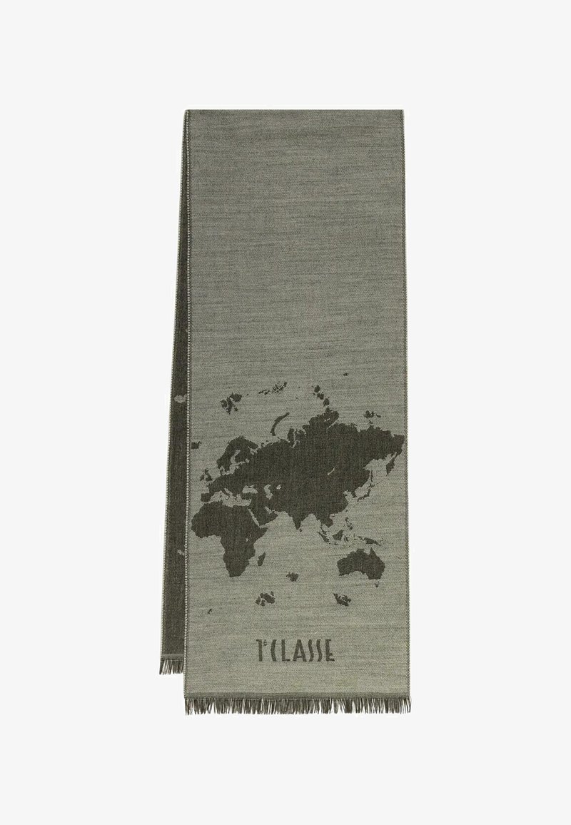 Sciarpa di lana verde con una grafica scura della mappa del mondo, bordi sfrangiati e testo "L'CLASSE" nella parte inferiore.