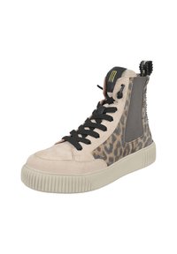 Wysoki sneaker z beżowego zamszu i bocznymi panelami w leopardzie, czarne sznurowadła i teksturowana gumowa podeszwa. Posiada czarną pętelkę z tyłu.