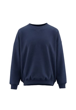 Marineblå crewneck-sweatshirt med lange ærmer, ribbet manchetter og talje, vist på hvid baggrund.