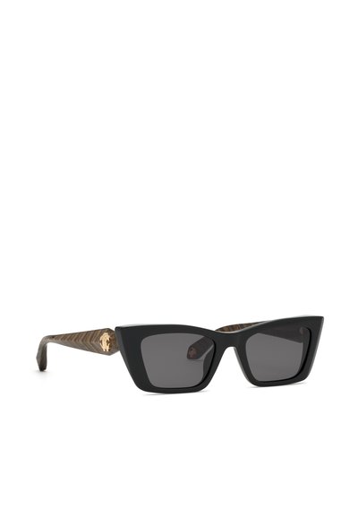 Black cat-eye sunglasses with dark lenses and brown textured arms featuring a small gold emblem on each side.
