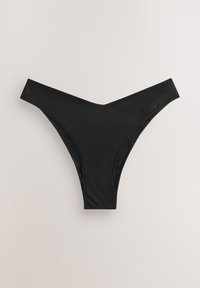 Bas de bikini noir sans couture à taille haute avec une ceinture en forme de V, posé à plat sur une surface claire.