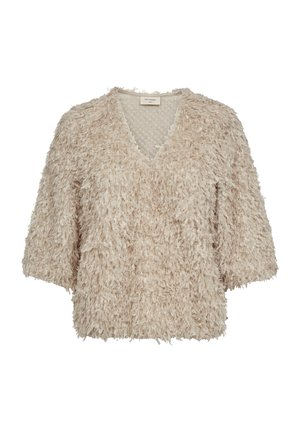 Teddybeige kortärmad topp med V-ringning, tillverkad av mjukt, texturerat material och lös passform för bekväm användning.