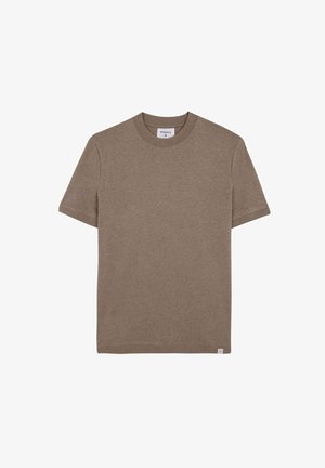 Brown short-sleeve t-shirt made of soft fabric, featuring a round neckline and a small logo tag at the bottom left.