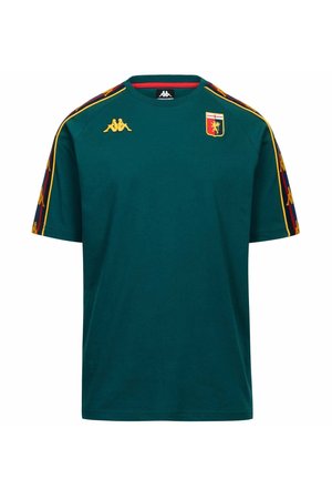 Maillot de sport vert foncé à manches courtes avec des logos Kappa jaunes sur la poitrine et les épaules, ainsi qu'un blason rouge et jaune sur le haut gauche de la poitrine.