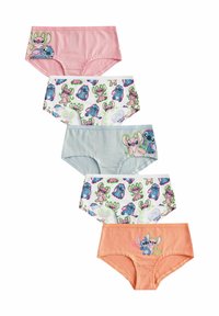 Cinq paires de sous-vêtements pour enfants : rose, bleu clair et pêche en couleurs unies ; une paire présente des motifs colorés de Stitch et Lilo. Tissu en coton.