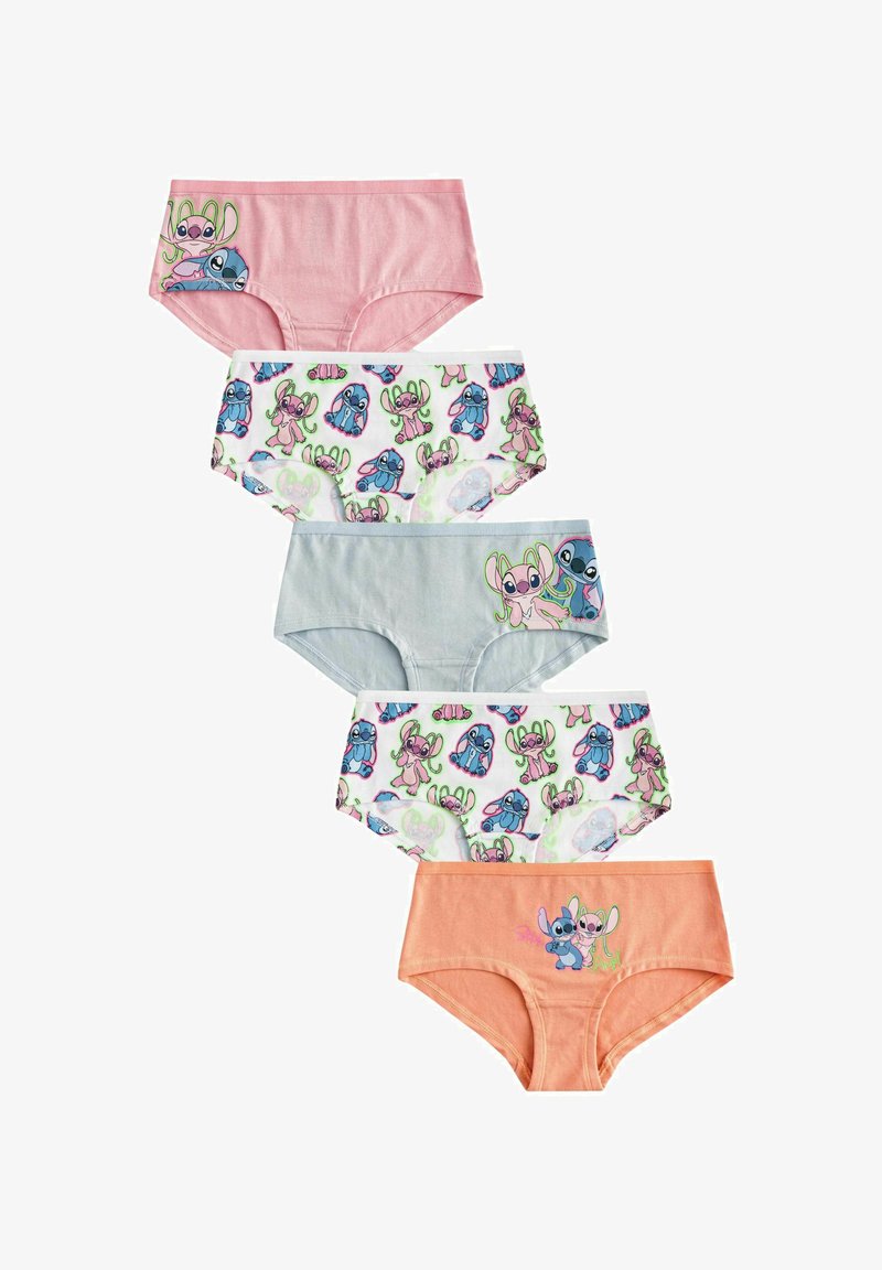 Pięć par dziecięcej bielizny: różowe, jasnoniebieskie i brzoskwiniowe jednolite kolory; jedna para z kolorowymi wzorami Stitcza i Lilo. Materiał bawełniany.