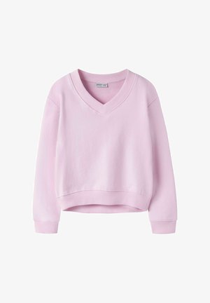 Lichtroze long-sleeve V-hals sweatshirt met geribbelde manchetten en zoom, cropped fit, plat uitgestald op witte achtergrond.
