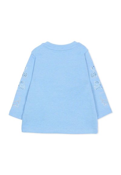 Top azzurro a maniche lunghe in morbido cotone, con ricami di gatti sulle maniche. Scollo rotondo, vestibilità comoda e orlo.