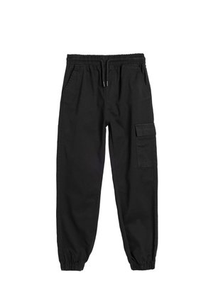 Pantalones cargo negros con cintura elástica, cordón ajustable y bolsillos laterales. Cuenta con un bolsillo cargo en la pierna derecha. Material de algodón suave.
