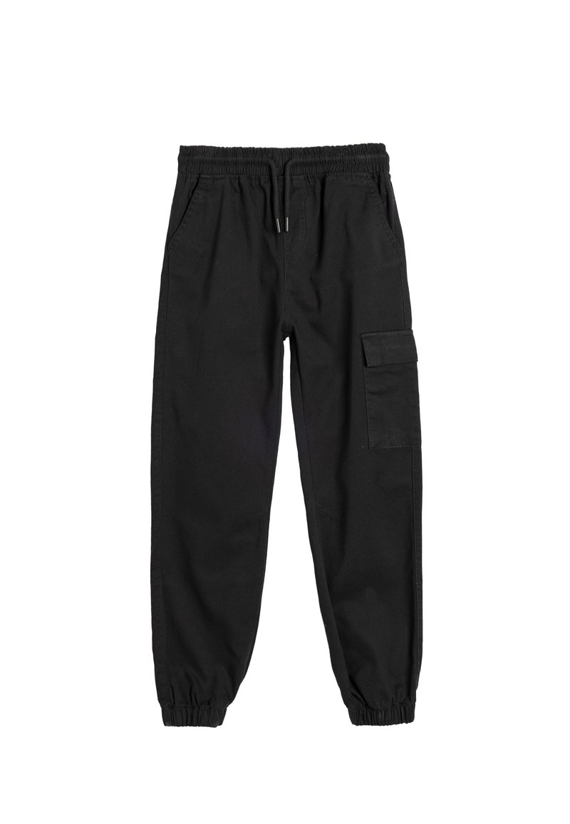 Pantaloni cargo neri con elastico in vita, cordoncino e tasche laterali. Presenta una tasca cargo sulla gamba destra. Materiale di cotone morbido.