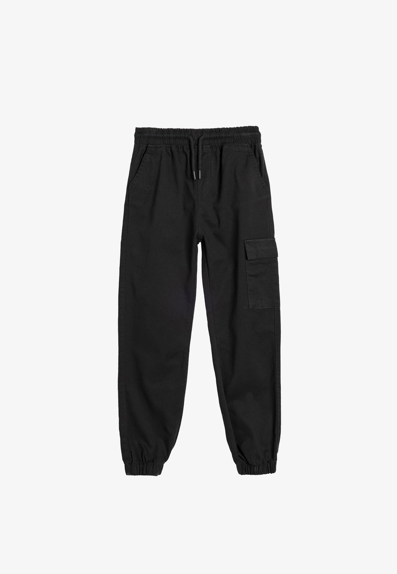 Pantalons cargo noirs avec une taille élastique, cordon de serrage et poches latérales. Dotés d'une poche cargo sur la jambe droite. Matériau en coton lisse.