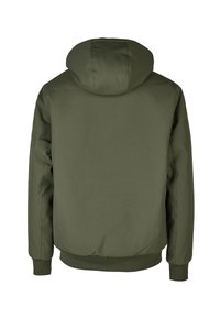 Olive green hooded jacket made of soft, smooth fabric. Features a simple design with ribbed cuffs and hem. No visible pockets or hardware.