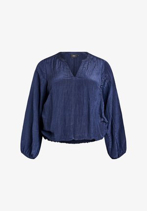 Dunkelblausa Langarmbluse mit einer zerknitterten Textur, V-Ausschnitt, rundem Kragen sowie elastischer Saum und Bündchen.