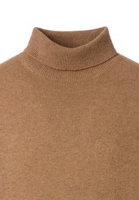 Beige Rollkragenpullover mit geripptem Texturmuster und tailliertem Schnitt. Der Stoff wirkt weich und leicht dehnbar. Saubere Nähte am Kragen.