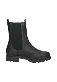 Zwarte leren Chelsea boots met elastische zijkanten, trekkerstrips, een chunky zool en een gladde textuur. Geschikt voor casual of formele gelegenheid.