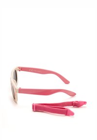 Occhiali da sole rosa con montatura bianca a fantasia, lenti grigie e morbidi cinturini rosa per una vestibilità sicura. Design leggero per il massimo comfort.