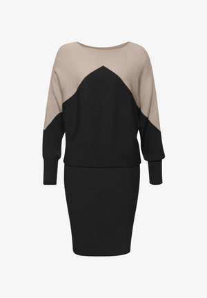 Gebreid jurkje set met een beige en zwart geometrisch ontwerp. Lange mouwen, ronde halslijn, textuurstof en een nauwsluitende snit.