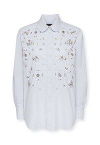 Camicia azzurro chiaro con colletto classico, impreziosita da ricami floreali in argento e realizzata in morbido cotone.