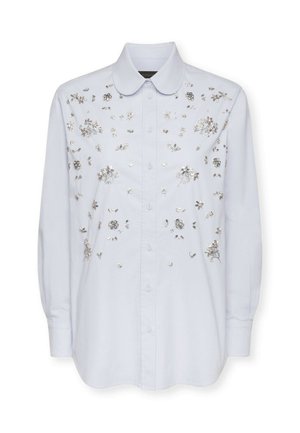Camicia azzurro chiaro con colletto classico, impreziosita da ricami floreali in argento e realizzata in morbido cotone.