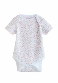 Short-sleeve white bodysuit with a pink floral pattern, featuring snap fastenings at the bottom and contrasting white trim. Soft cotton material.