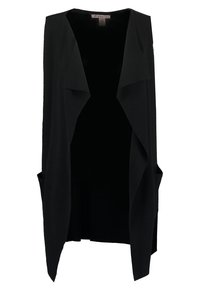Black sleeveless open-front vest with draped lapels and side pockets, knee-length, made by Anna Field.