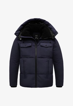 Navy blue puffer jacket with a hood, featuring a soft, black fleece collar, two chest pockets, and a front zipper closure.