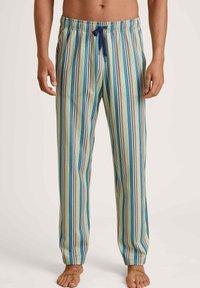 Gestreepte pyjamabroek in tinten blauw, groen en bruin, met een elastische tailleband met trekkoord en twee zijzakken.
