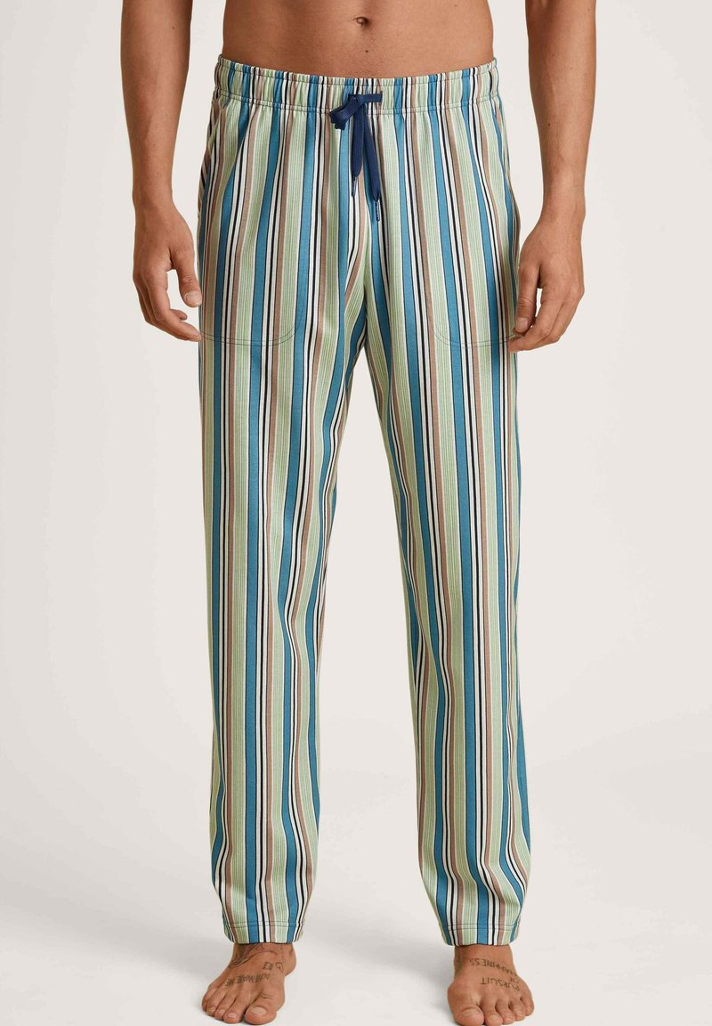 Gestreepte pyjamabroek in tinten blauw, groen en bruin, met een elastische tailleband met trekkoord en twee zijzakken.
