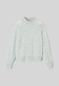Pull en maille gris clair avec un col montant, des poignets et un ourlet côtelés. Manches raglan et texture douce avec un motif chiné.