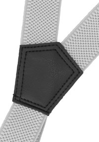 Grey fabric suspender strap with a textured finish, featuring a black leather hexagonal patch where the straps intersect.