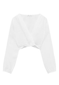 Witte cropped blouse met lange mouwen, V-halsontwerp en elastische tailleband. Gemaakt van lichte, gestructureerde stof.