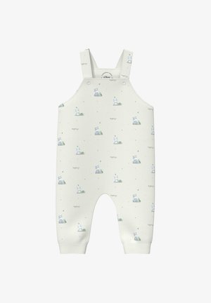 Roomkleurige baby romper met schouderbandjes, versierd met kleine blauwe nijlpaarden en groene bosprints en een "hippo" tekstpatroon.