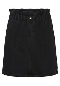 Musta denim-minihame, jossa on kerätty vyötärö ja etunappi. Sisältää suoran leikkauksen ja näkyvän ompeleen reunoilla.