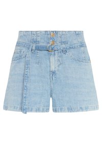 Lichtblauwe denim shorts met een hoge taille, voorzien van een riemontwerp, twee voorzakken en een knoopsluiting met gouden accenten.