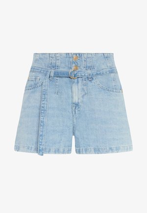 Light blue denim shorts with a high waist, featuring a belted design, two front pockets, and a button closure with gold accents.