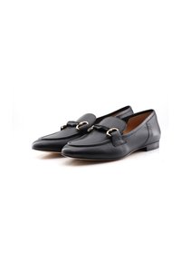 Black leather loafers with a smooth texture, pointed toe, and gold hardware accents. Features a decorative strap across the vamp.