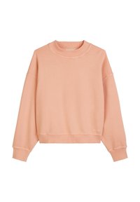 Lichtroze sweatshirt van een zachte katoenmix, met een ronde halslijn, verlaagde schouders en geribbelde manchetten en zoom. Klassieke pasvorm.
