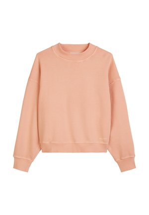 Sweatshirt rose clair en mélange de coton doux, avec un col rond, des épaules tombantes et des poignets et un ourlet côtelés. Coupe classique.