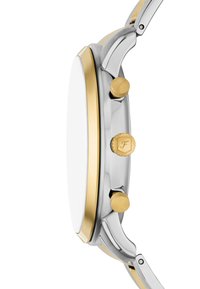Orologio da polso in tonalità argento e oro con cassa rotonda, bezel liscio, due pulsanti dorati e una corona testurizzata sul lato.