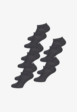 Ti par mørkegrå lavskårne ankelstrømper arrangeret i to kolonner på en hvid baggrund.