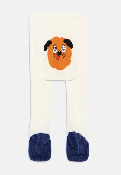 Krēmkrāsas zeķubikses ar rotaļīgu suņa seju aizmugurē un tumši zilu pūkainu pēdu apsegu.
