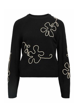Pull en tricot noir à manches longues, avec des broderies florales beiges sur le devant et les manches. Encolure et ourlet côtelés.