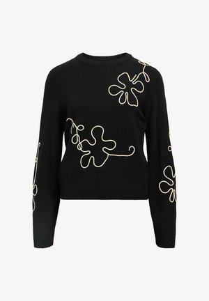 Sort strikket sweater med lange ærmer, udsmykket med beige blomsterbroderi på fronten og ærmerne. Ribbede kanter ved halsen og nederste kant.
