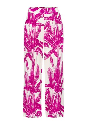 Pantalon blanc à jambes larges avec imprimé de feuilles tropicales rose vif et taille haute.