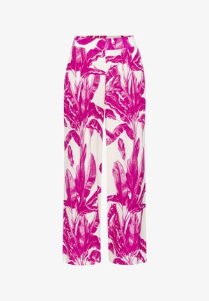 Witte broek met wijde pijpen, felroze tropische bladprint en hoge taille.