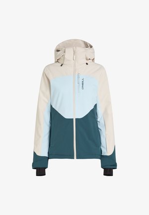 Chaqueta de esquí azul y crema hecha de tejido impermeable, con capucha, cierre frontal con cremallera y diseño de bloques de color en contraste con puños elásticos.