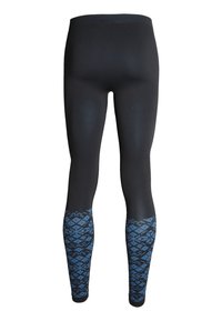 Svarta leggings med en slät textur, med ett blått mönstrat accent vid mudden, designade för komfort och flexibilitet.