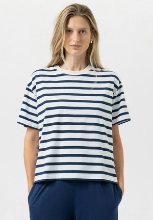 Gestreiftes T-Shirt mit kurzen Ärmeln in Weiß und Marineblau, aus weicher Baumwolle, mit Rundhalsausschnitt und legerer Passform mit geradem Saum.