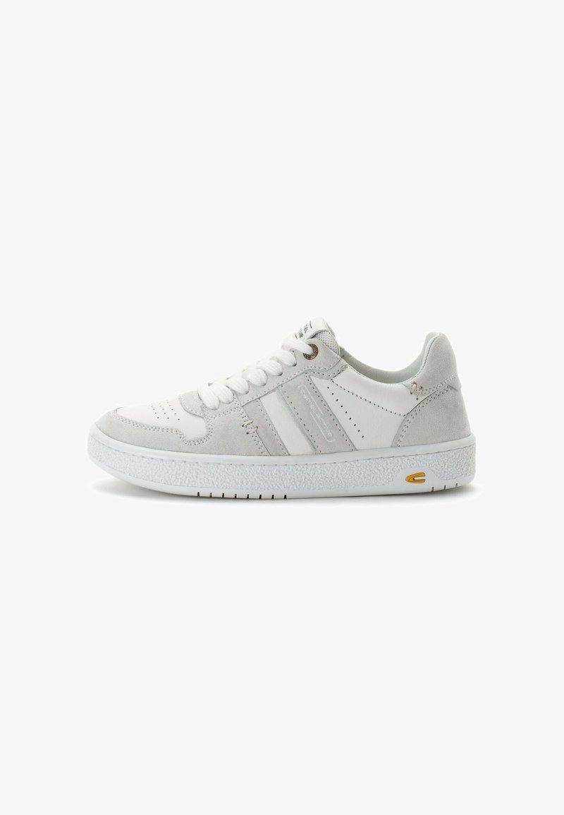 White and light gray sneaker, leather and suede mix, round toe, lace-up design, textured sole, side stripes, and a small yellow accent.